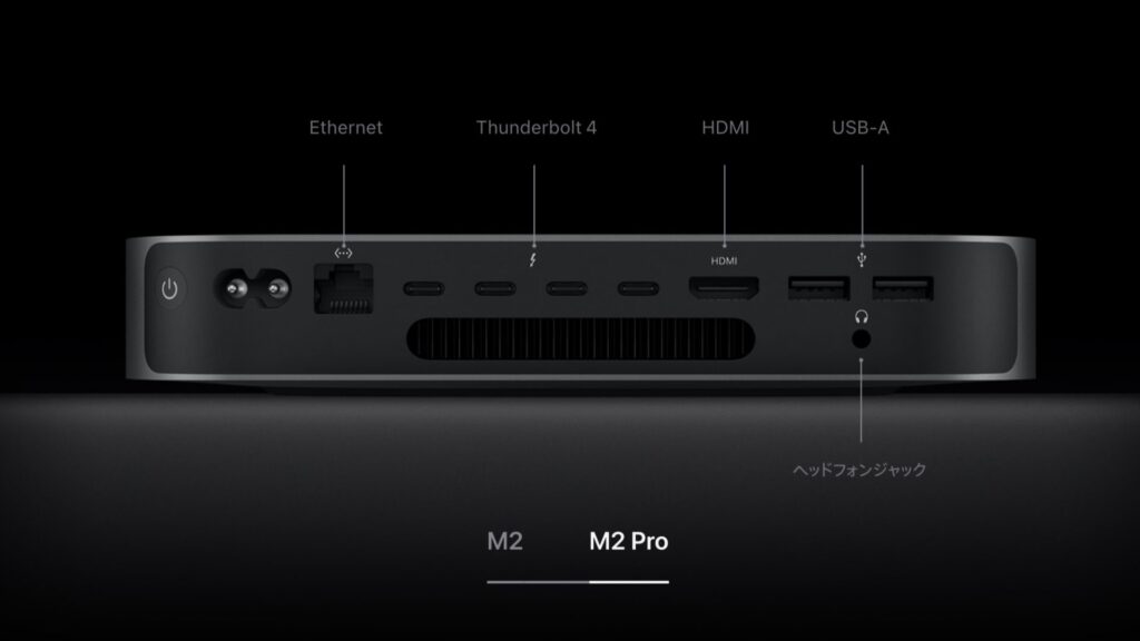 M2 Pro搭載  Mac mini は4つのThunderbolt / USB 4ポート搭載 引用 :Apple