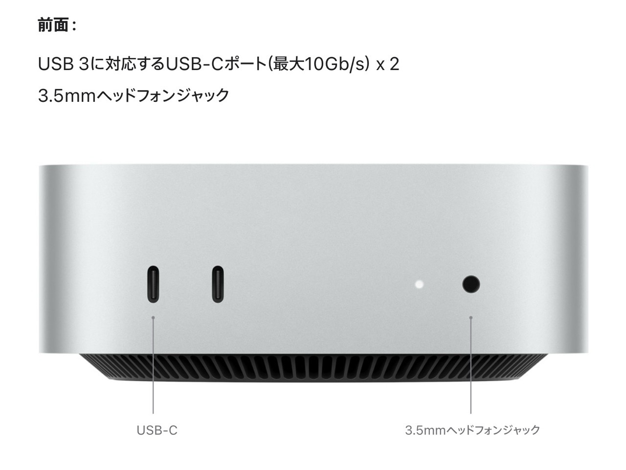 M4 Mac miniの接続と拡張性 前面